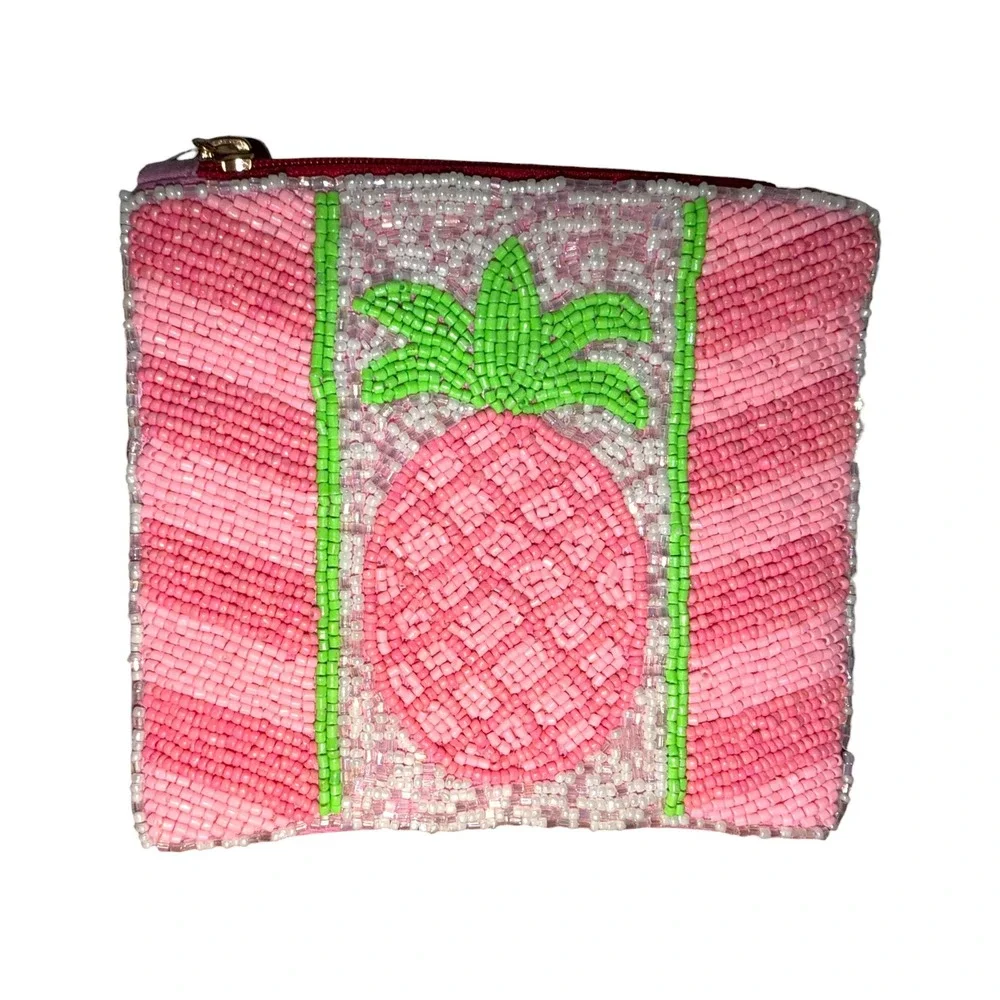 Kay Lee NY NWT Pink Pineapple Beaded Coin Purse Clutch Tropical Zipper Pouch